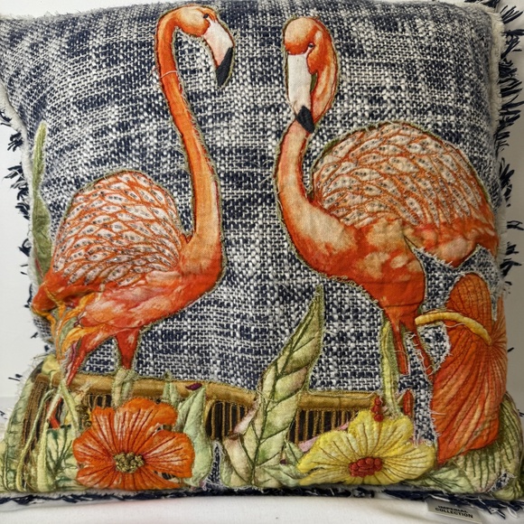 Imperial Collection Floral Flamingo Appliqué Beaded Fringed Throw Pillow - Picture 2 of 13